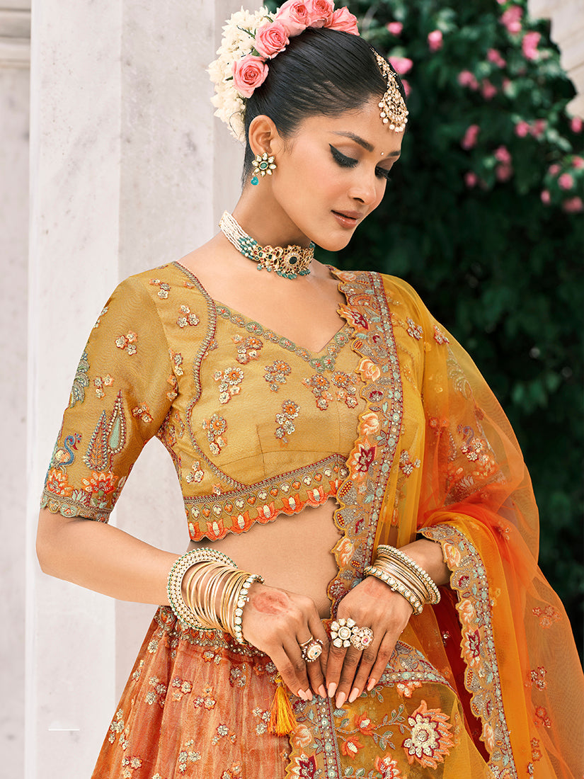 Monjolika Fashion Rust Orange And Mustard Yellow Silk Bridal With Embroidery And Sequins Work Lehenga