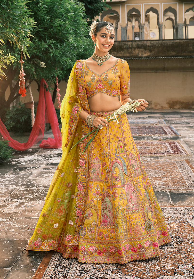 Monjolika Fashion Mustard Silk Bridal With Sequins And Moti Work Lehenga