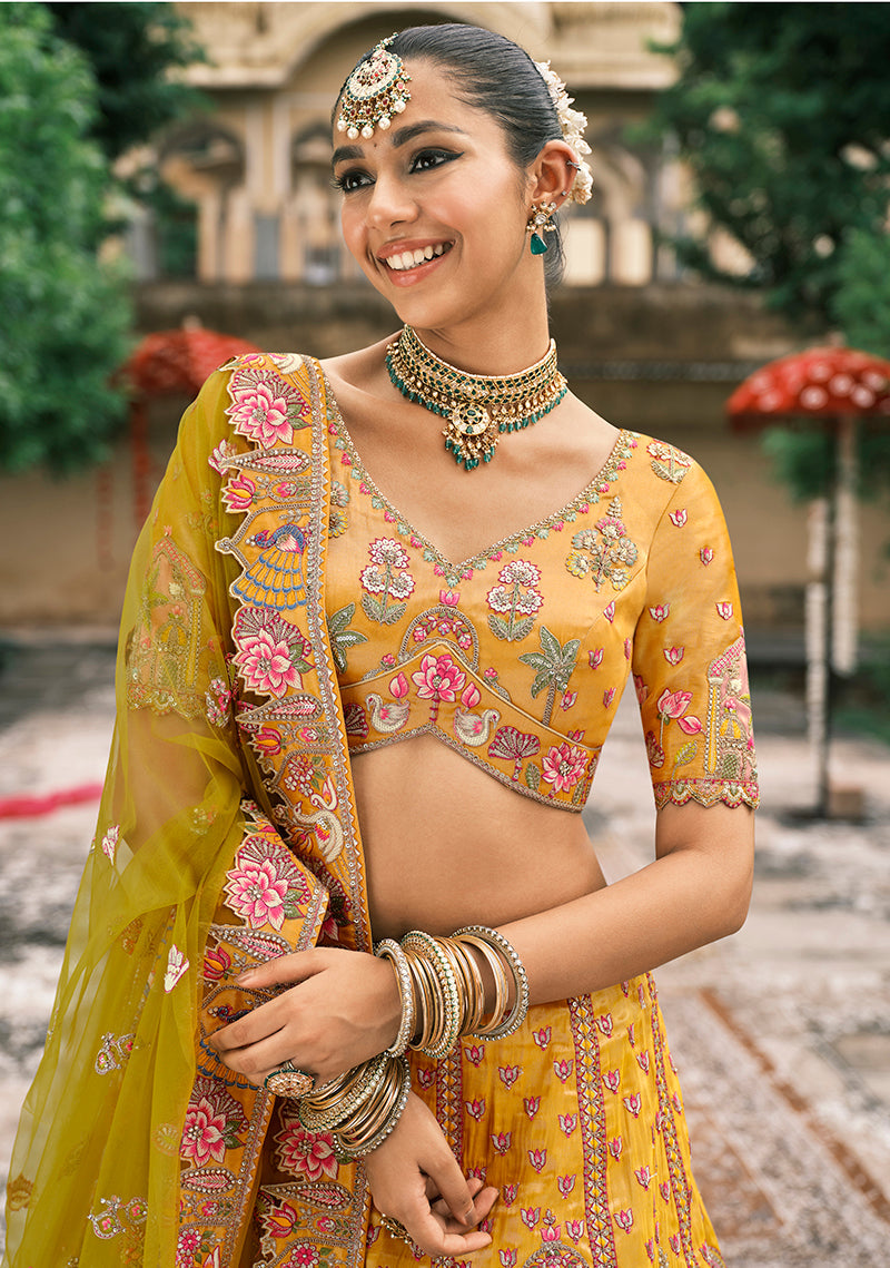 Monjolika Fashion Mustard Silk Bridal With Sequins And Moti Work Lehenga