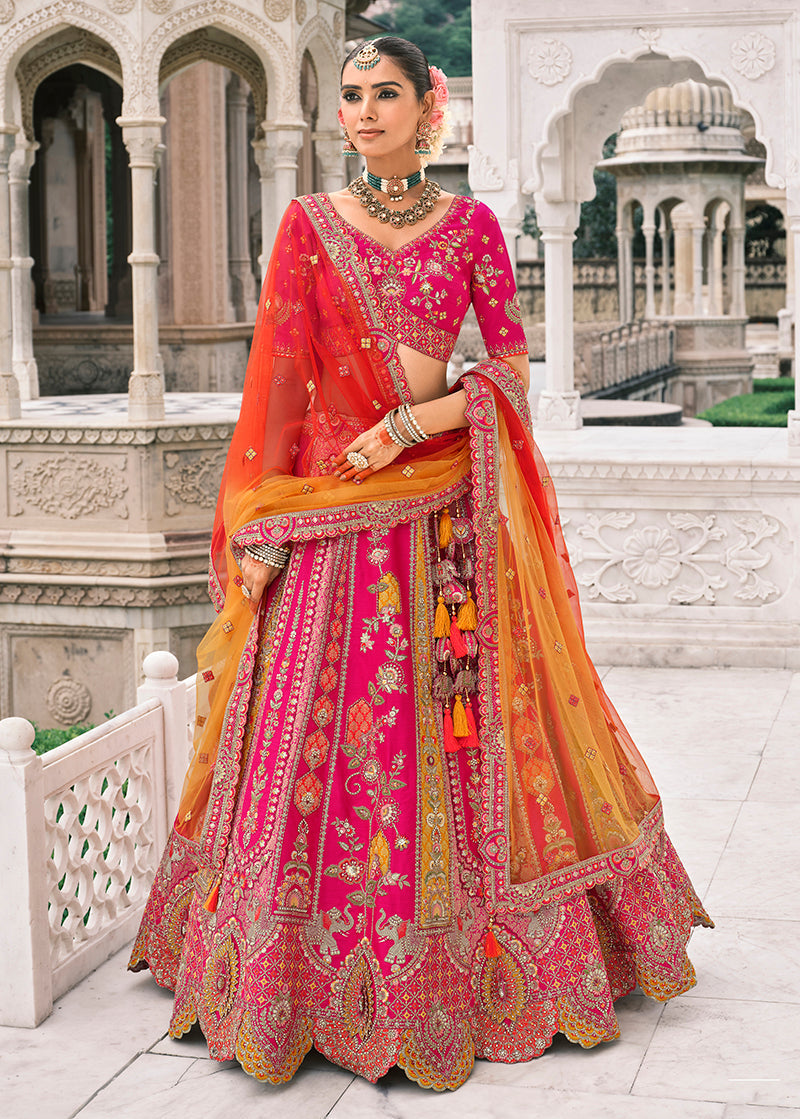 Monjolika Fashion Rani Pink Silk Bridal With Sequins Embroidery And Stone Work Lehenga