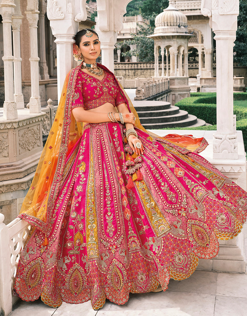 Monjolika Fashion Rani Pink Silk Bridal With Sequins Embroidery And Stone Work Lehenga