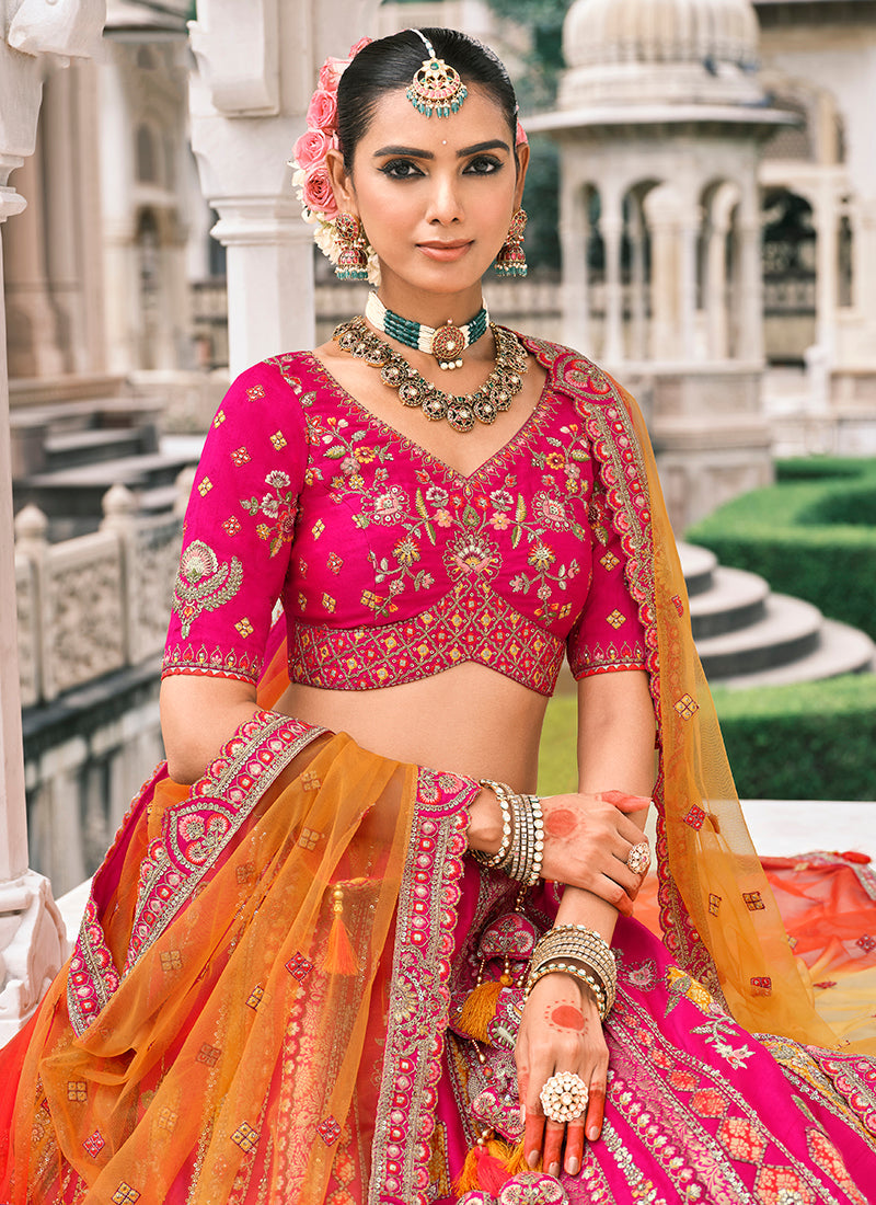 Monjolika Fashion Rani Pink Silk Bridal With Sequins Embroidery And Stone Work Lehenga