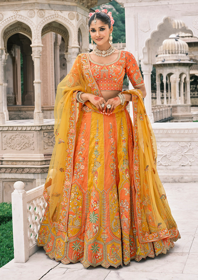 Monjolika Fashion Yellow And Orange Silk Bridal With Sequins Embroidery And Stone Work Lehenga