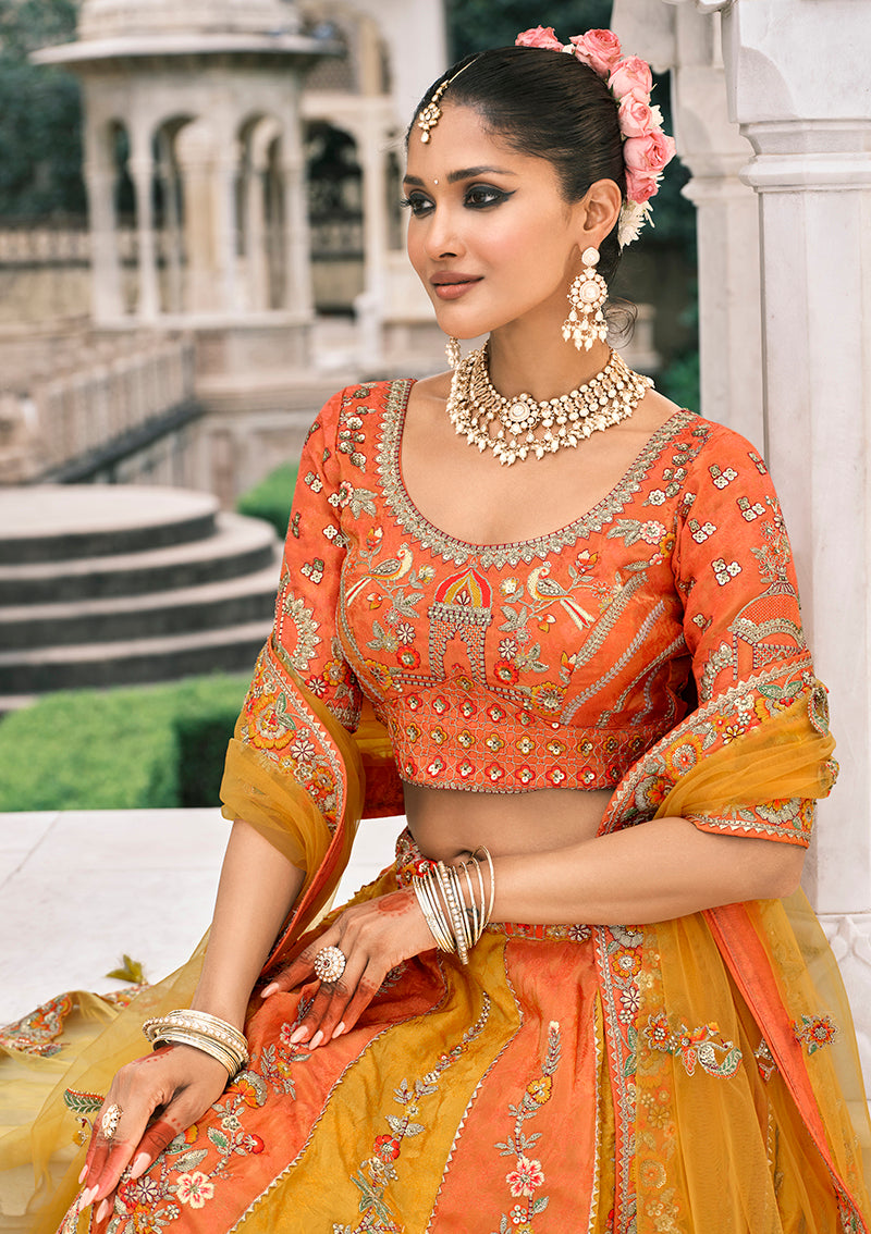 Monjolika Fashion Yellow And Orange Silk Bridal With Sequins Embroidery And Stone Work Lehenga