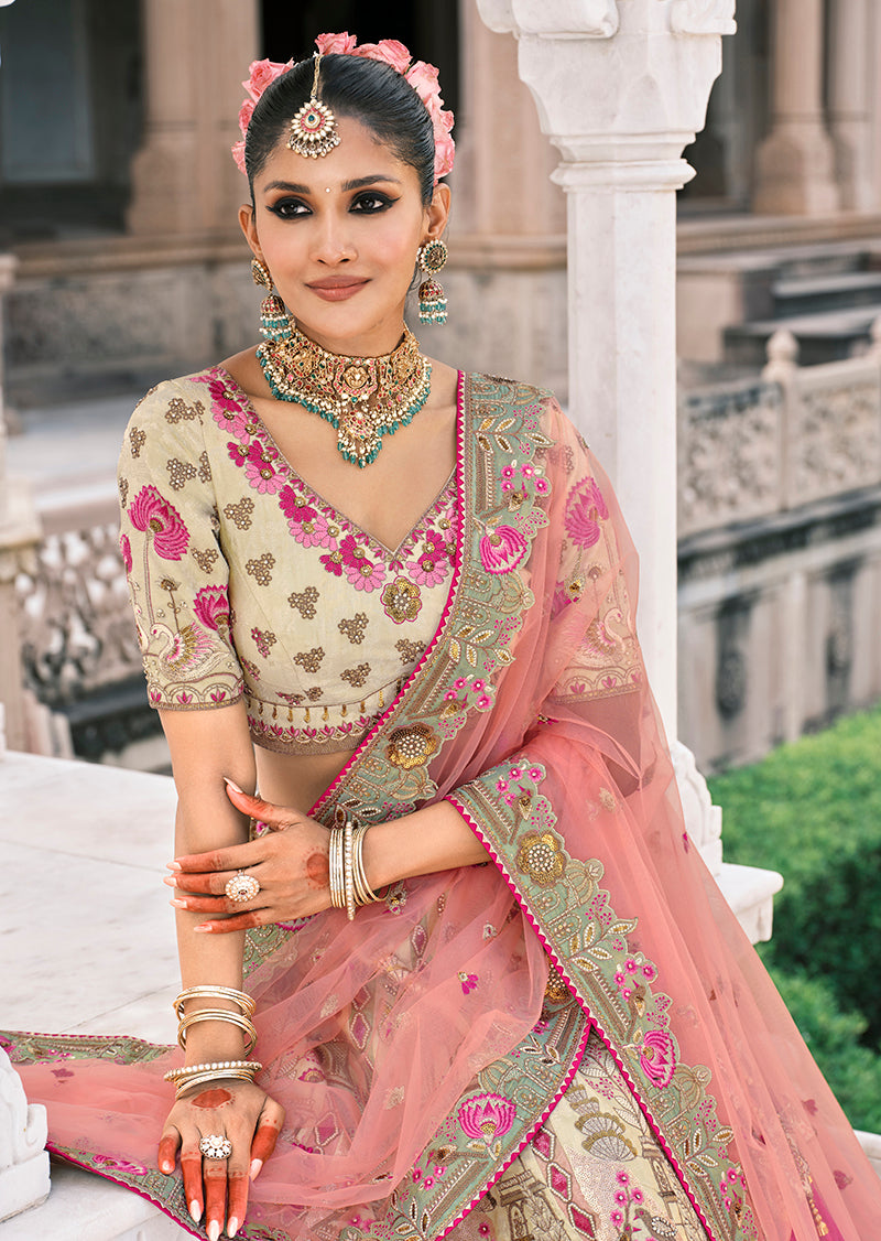Monjolika Fashion Cream Silk Bridal With Zari Embroidery And Stone Work Lehenga