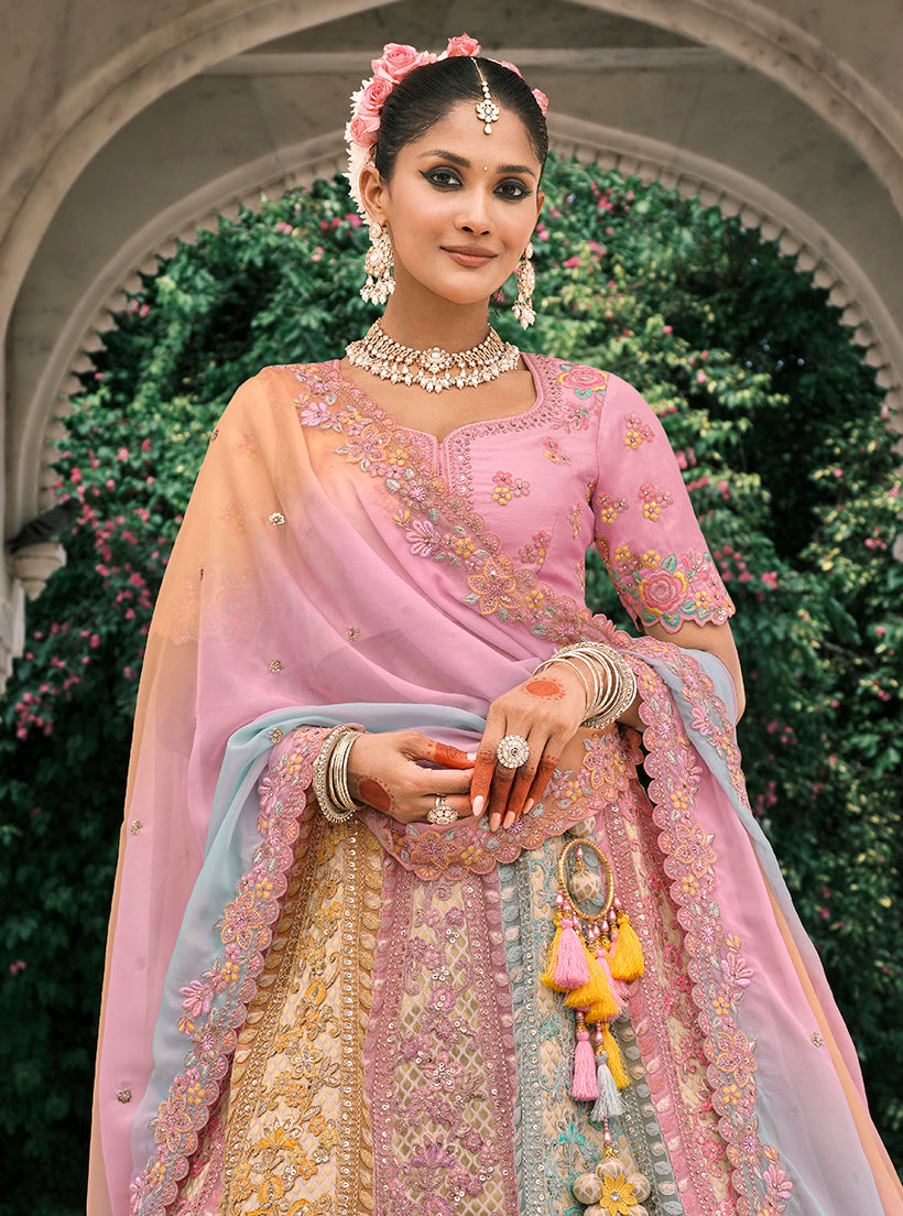 Monjolika Fashion Multicolor Silk Bridal With Thread Embroidery And Stone Work Lehenga
