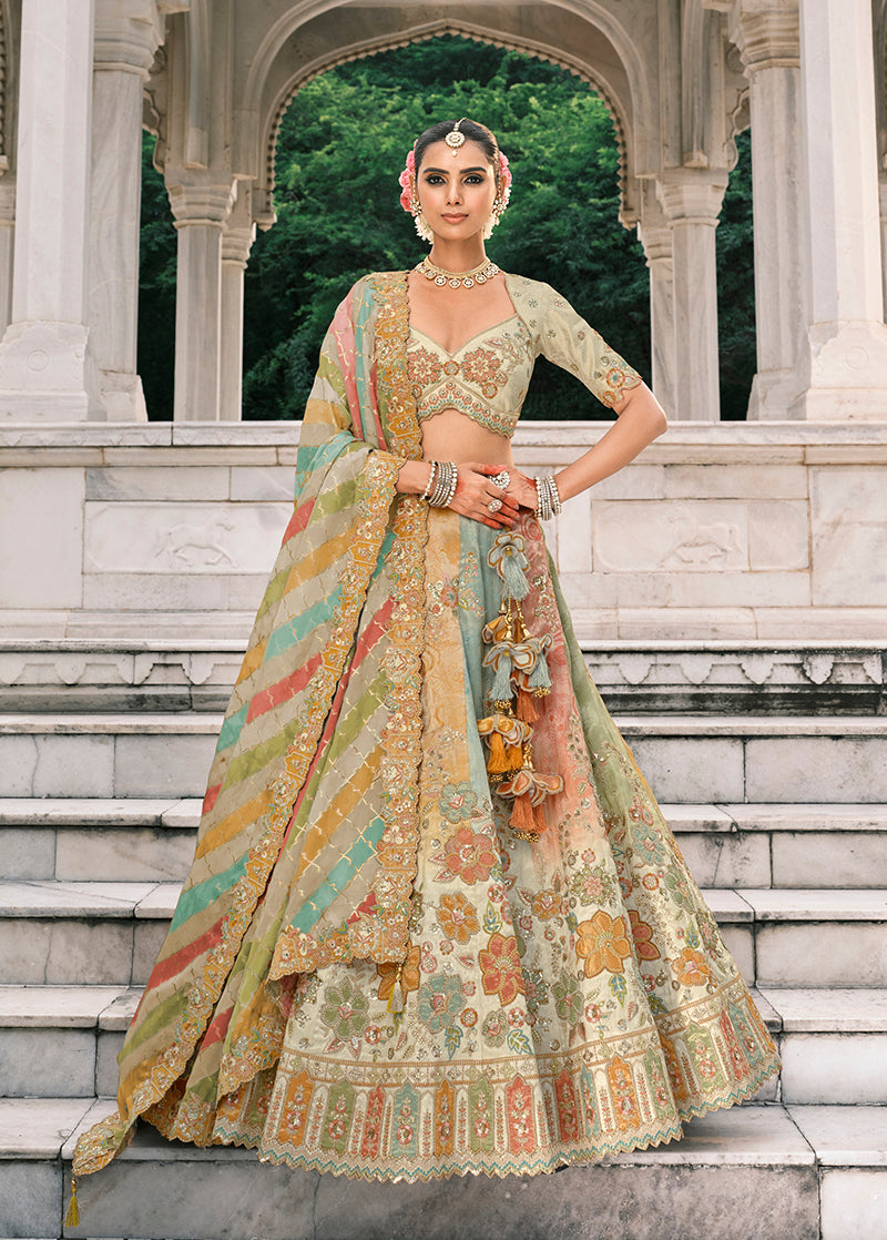 Monjolika Fashion Multicolor Silk Bridal With Thread Embroidery And Sequins Work Lehenga