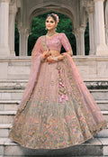 Monjolika Fashion Dusty Pink And Grey Silk Bridal With Thread And Moti Work Lehenga