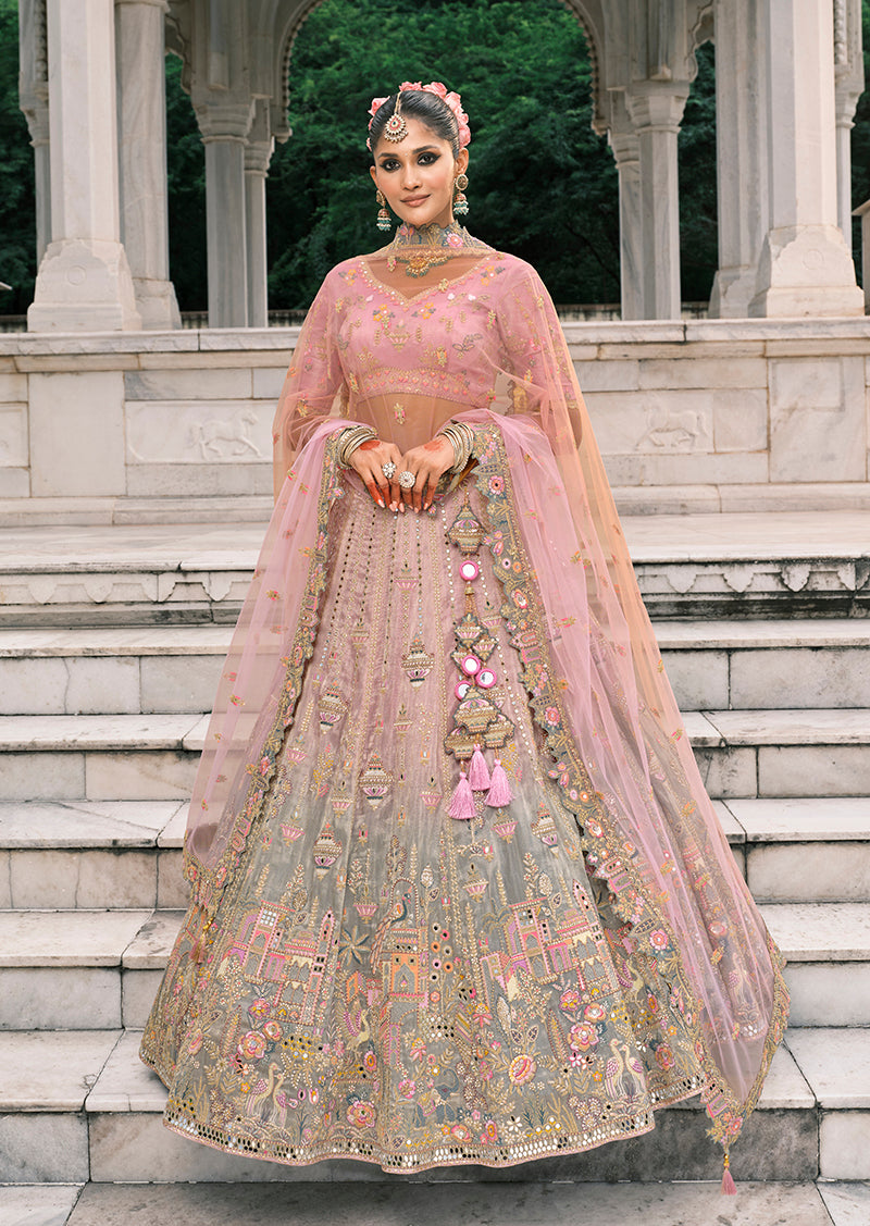 Monjolika Fashion Dusty Pink And Grey Silk Bridal With Thread And Moti Work Lehenga