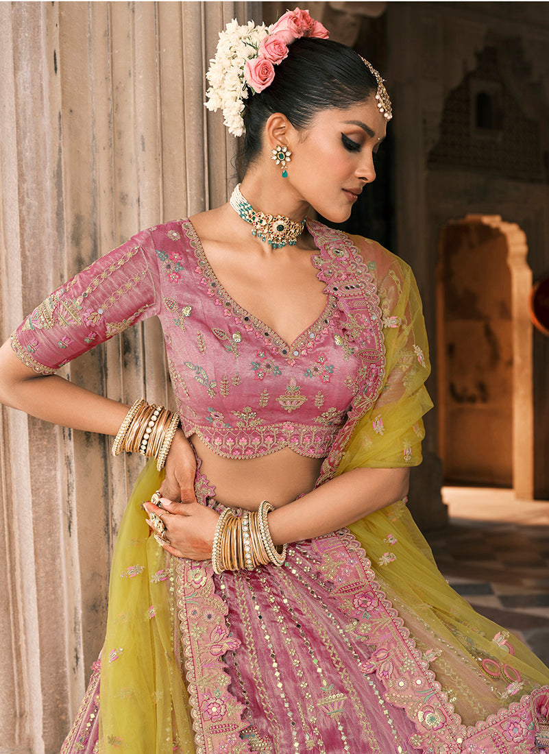 Monjolika Fashion Onion Pink And Green Silk Bridal With Mirror And Resham Embroidery Lehenga