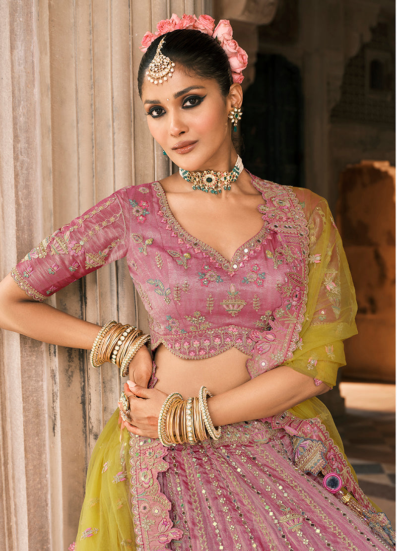 Monjolika Fashion Onion Pink And Green Silk Bridal With Mirror And Resham Embroidery Lehenga