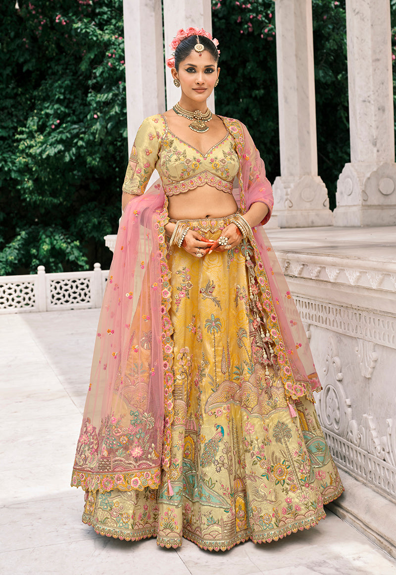 Monjolika Fashion Yellow Silk Bridal With Thread Embroidery And Stone Work Lehenga