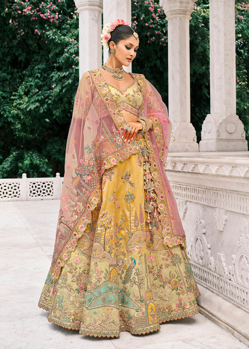 Monjolika Fashion Yellow Silk Bridal With Thread Embroidery And Stone Work Lehenga