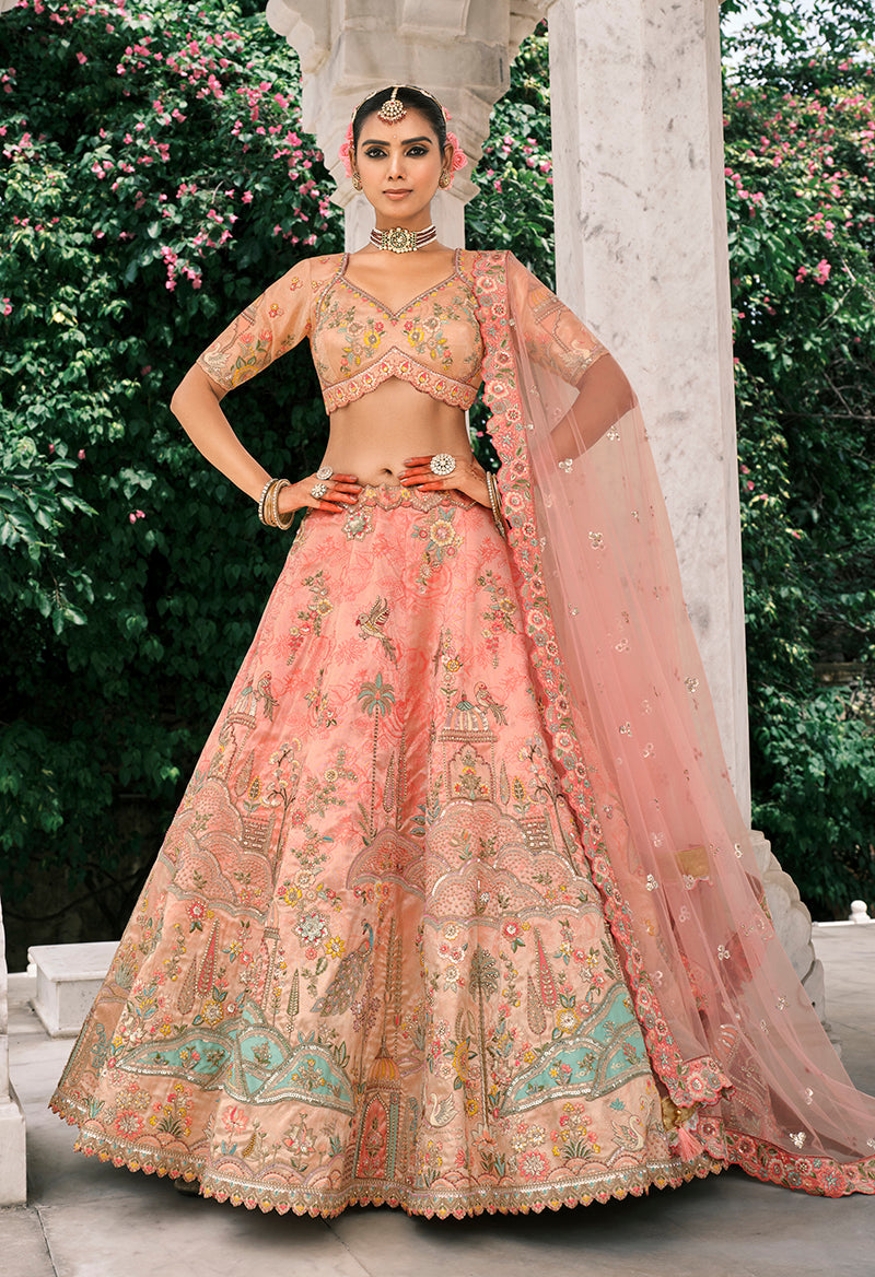 Monjolika Fashion Peach Silk Bridal With Thread Embroidery And Stone Work Lehenga