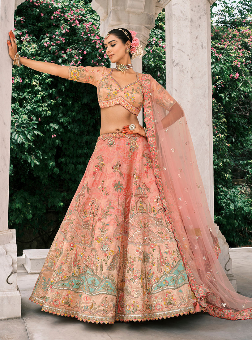 Monjolika Fashion Peach Silk Bridal With Thread Embroidery And Stone Work Lehenga