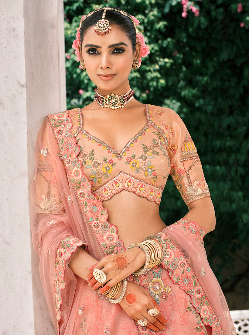 Monjolika Fashion Peach Silk Bridal With Thread Embroidery And Stone Work Lehenga