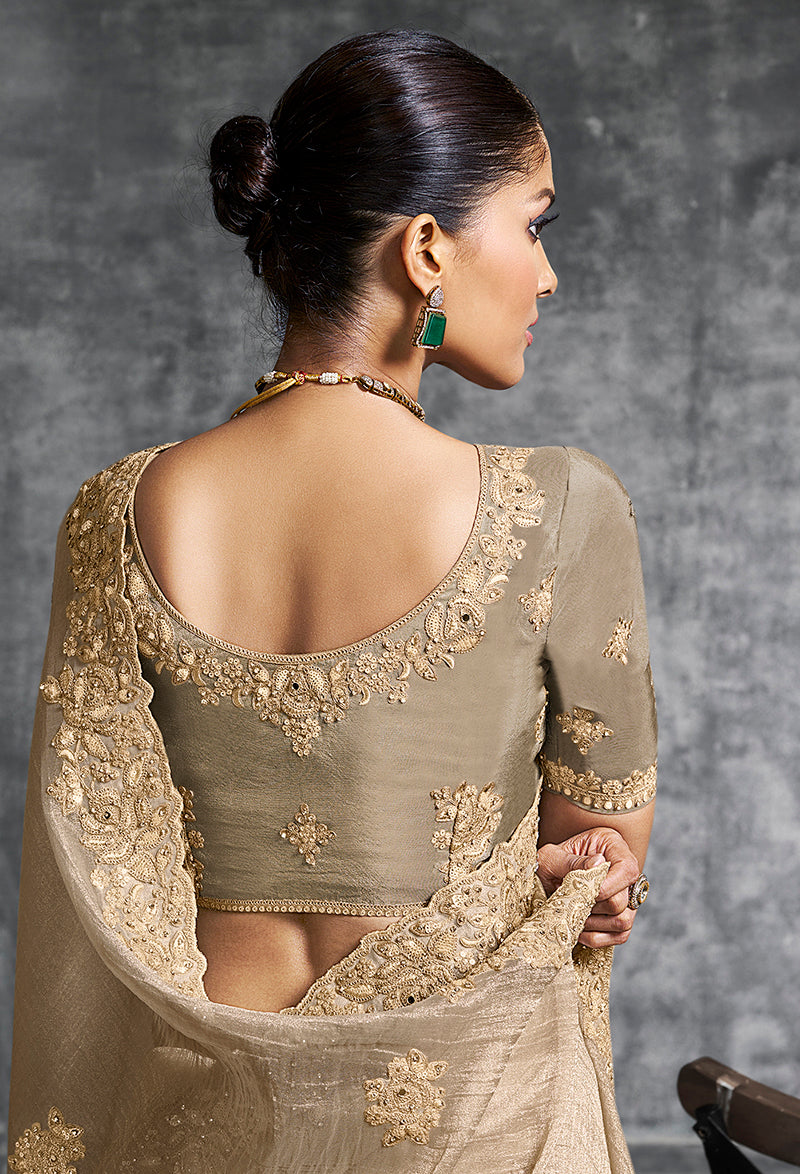 Monjolika Fashion Beige Tissue Traditional Saree with Embroidered, Resham and Thread Work for Ceremonial