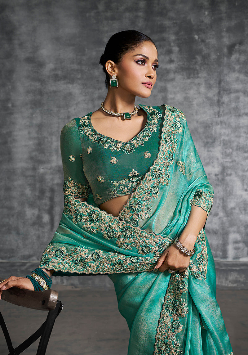 Monjolika Fashion Turquoise Tissue Traditional Saree with Embroidered, Resham and Thread Work for Ceremonial