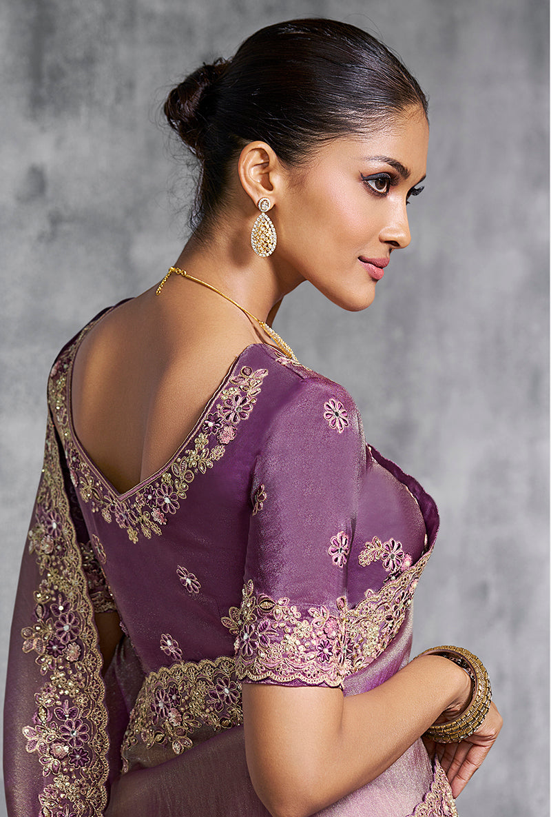 Monjolika Fashion Mauve Tissue Traditional Saree with Embroidered, Resham and Thread Work for Ceremonial