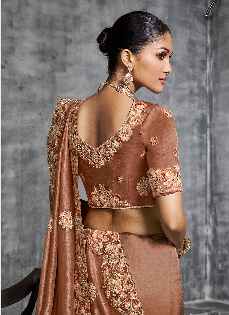 Monjolika Fashion Brown Tissue Traditional Saree with Embroidered, Resham and Thread Work for Ceremonial