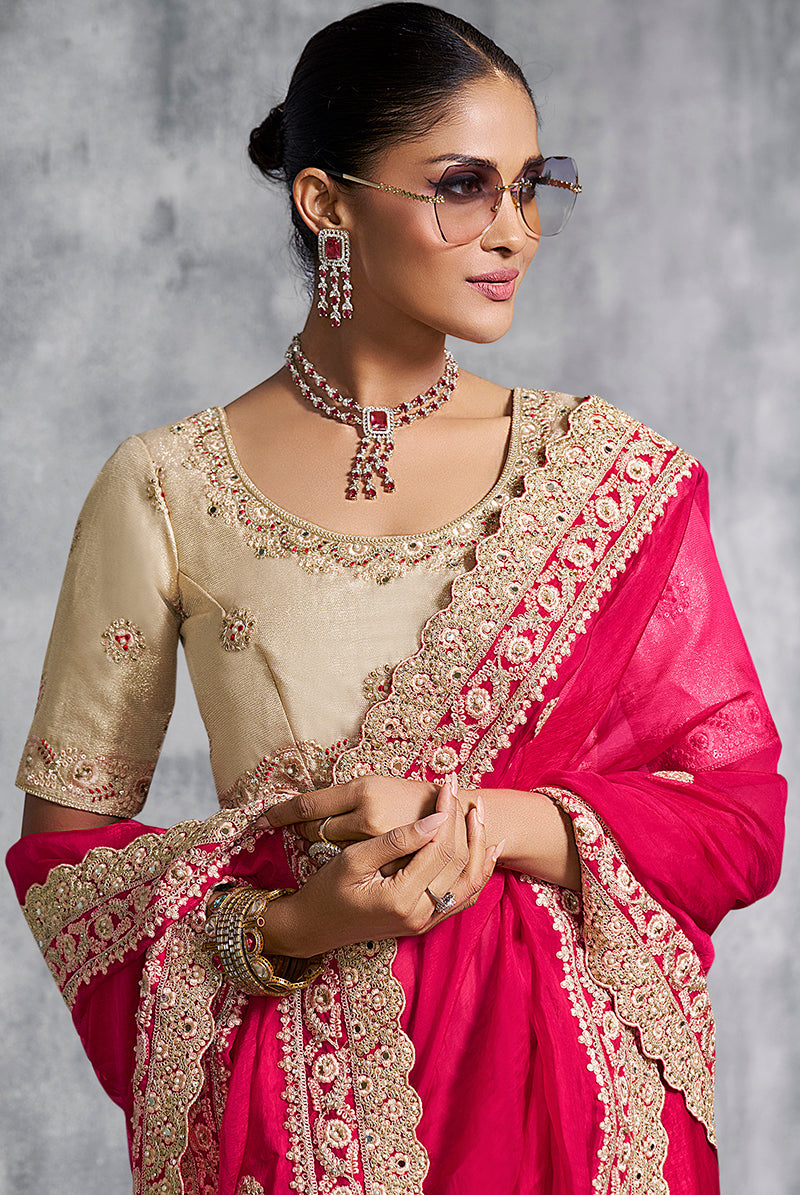 Monjolika Fashion Hot Pink Embroidered and Lace Work Rangoli Satin Contemporary Sari
