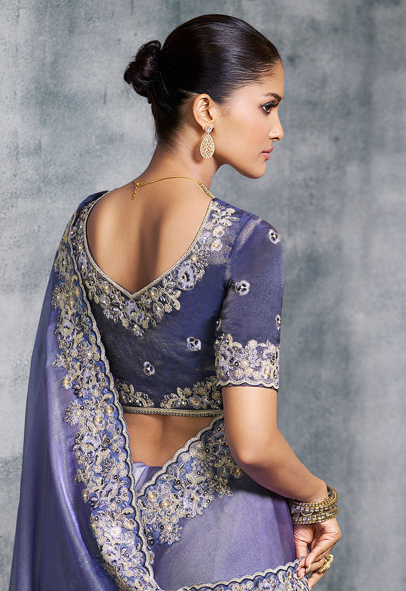 Monjolika Fashion Lavender Tissue Traditional Saree with Embroidered, Resham and Thread Work for Ceremonial