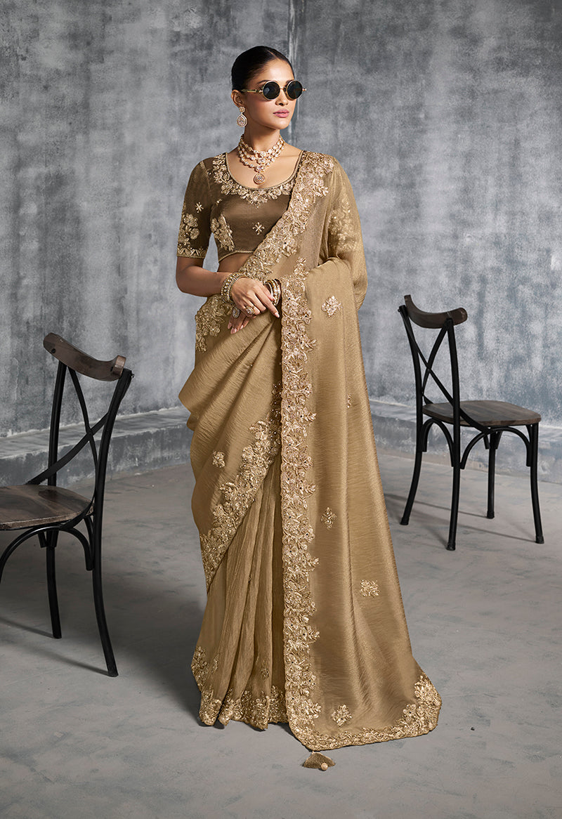 Monjolika Fashion Beige Tissue Traditional Saree with Embroidered, Resham and Thread Work for Ceremonial