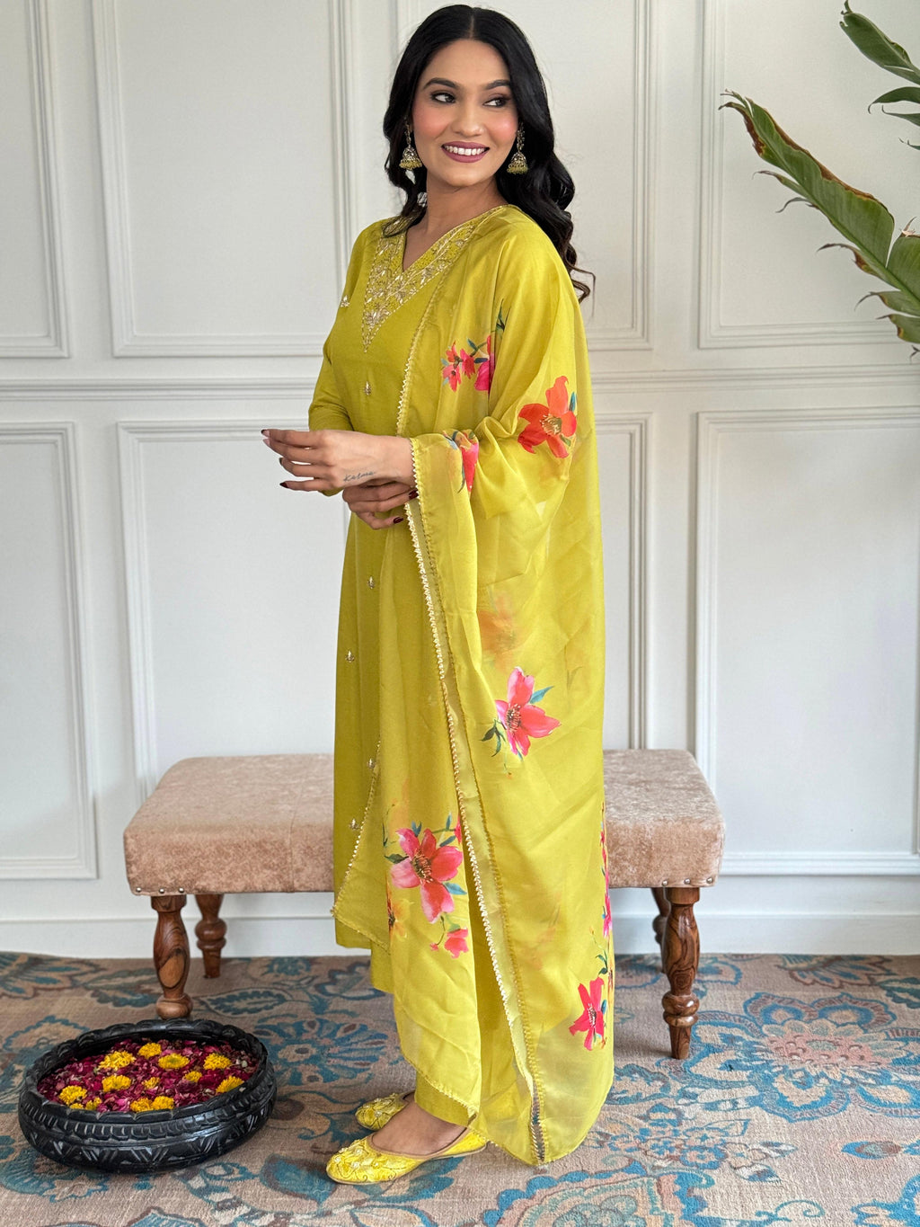 The52 Yellow Embroidered Rayon Slub Fabric Straight Kurta, Pant and Dupatta Set