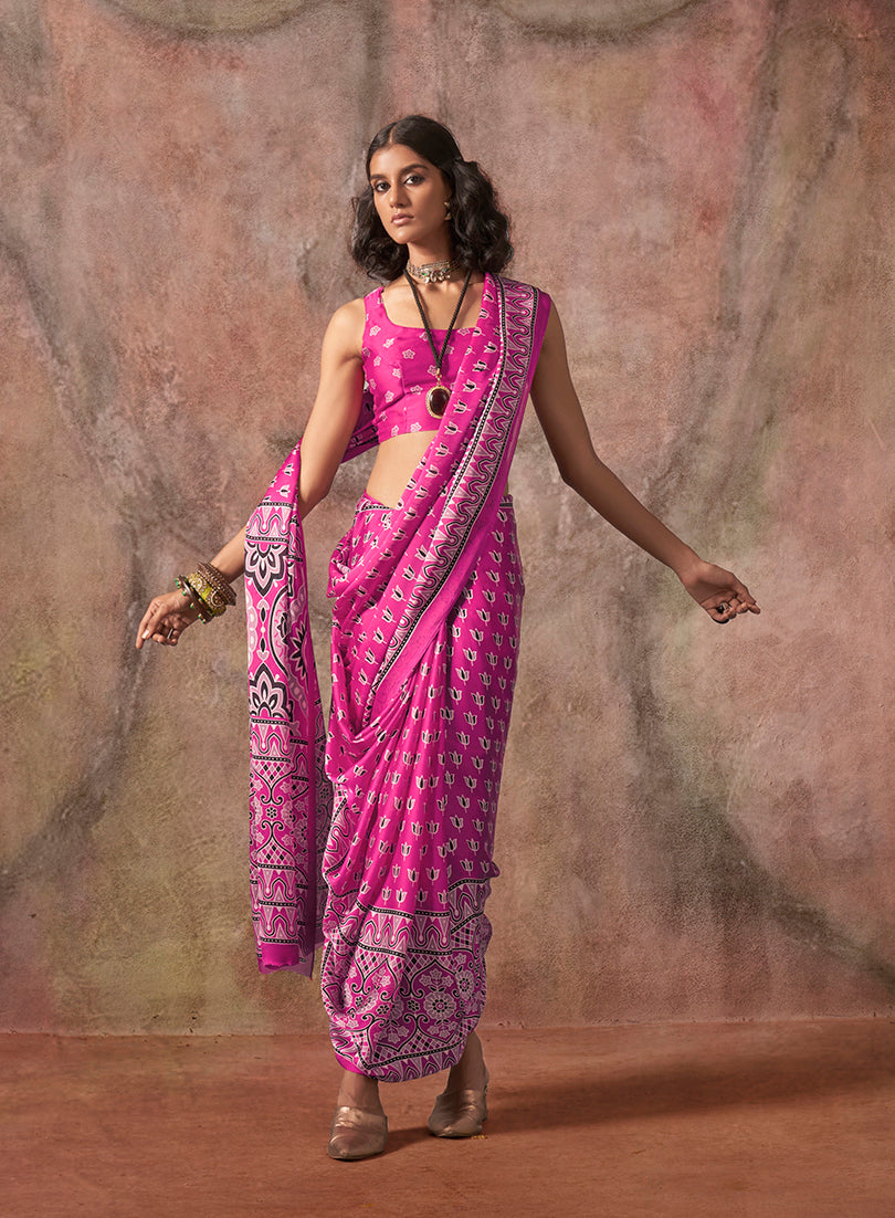 Monjolika Fashion Pink Color Ajrakh Print With Bandhej Pattern Satin Georgette Saree