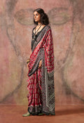 Monjolika Fashion Red & Black Color Ajrakh Print With Bandhej Pattern Satin Georgette Saree