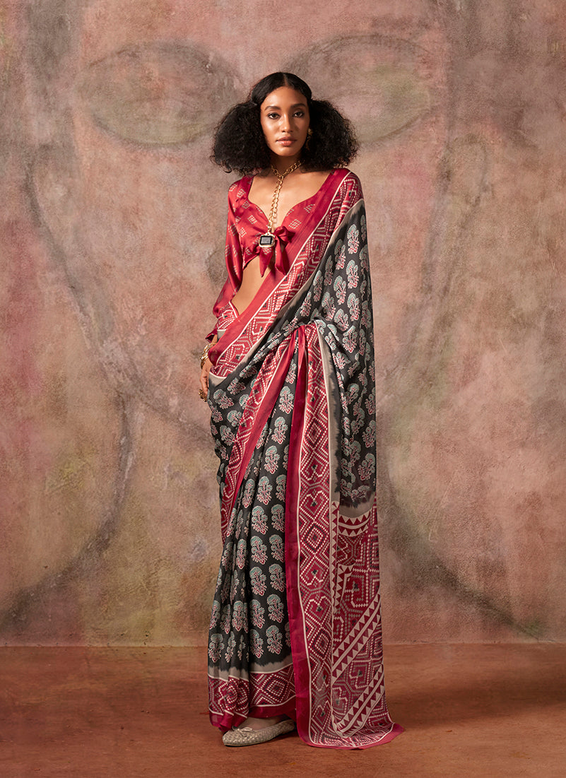 Monjolika Fashion Black & Red Color Ajrakh Print With Bandhej Pattern Satin Georgette Saree