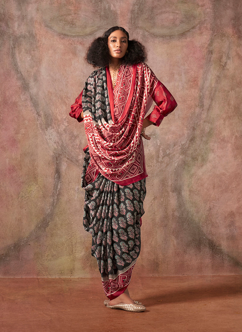 Monjolika Fashion Black & Red Color Ajrakh Print With Bandhej Pattern Satin Georgette Saree