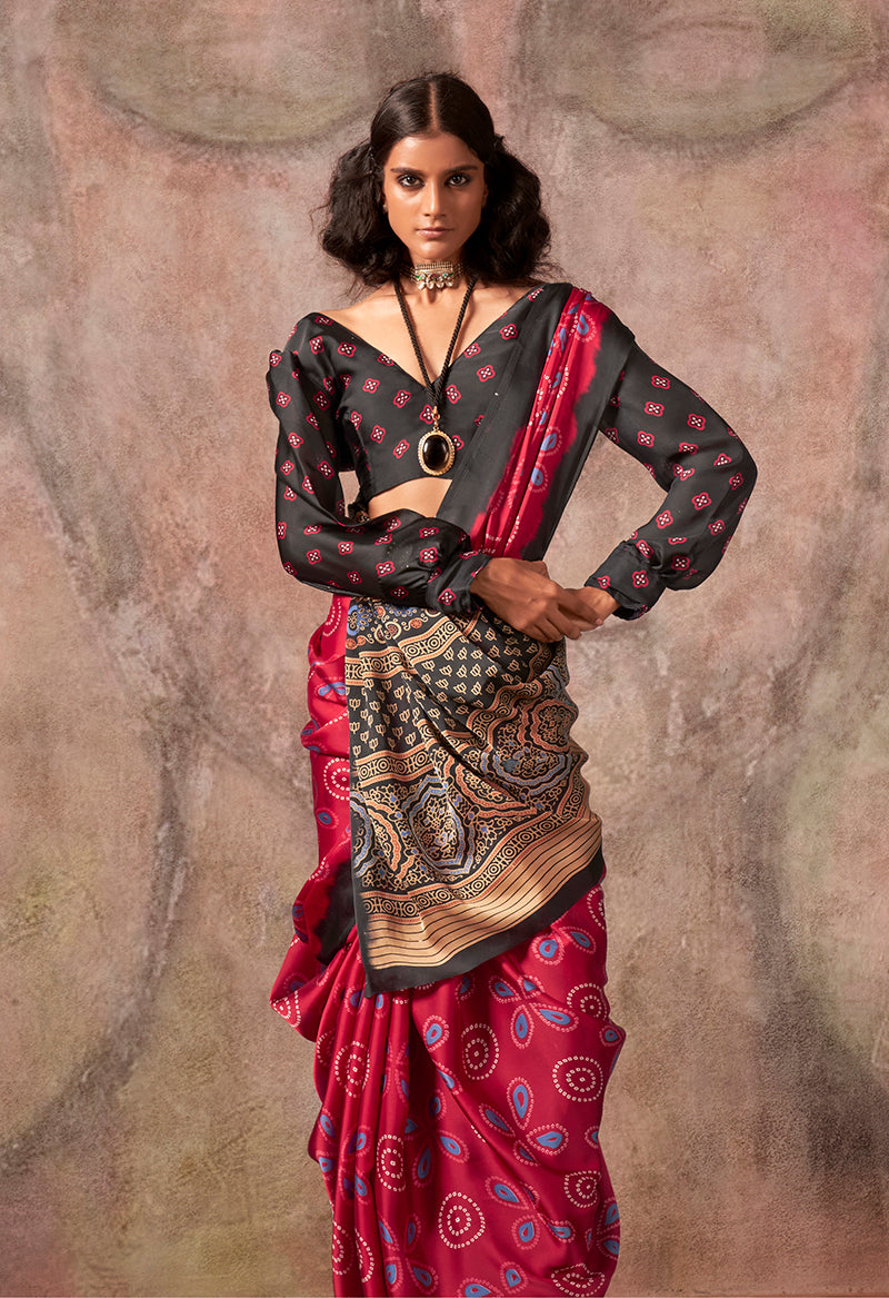 Monjolika Fashion Red Color Ajrakh Print With Bandhej Pattern Satin Georgette Saree