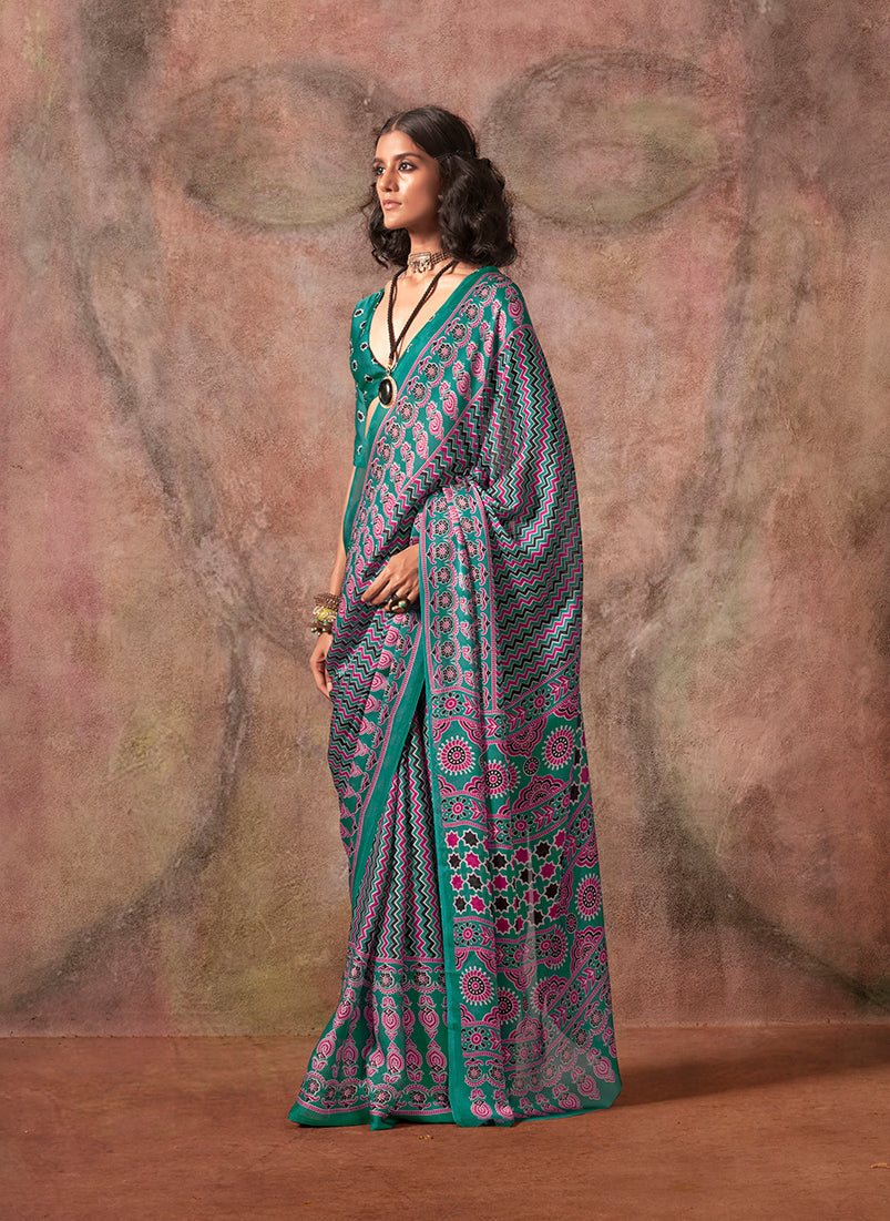 Monjolika Fashion Turquoise Color Ajrakh Print With Bandhej Pattern Satin Georgette Saree