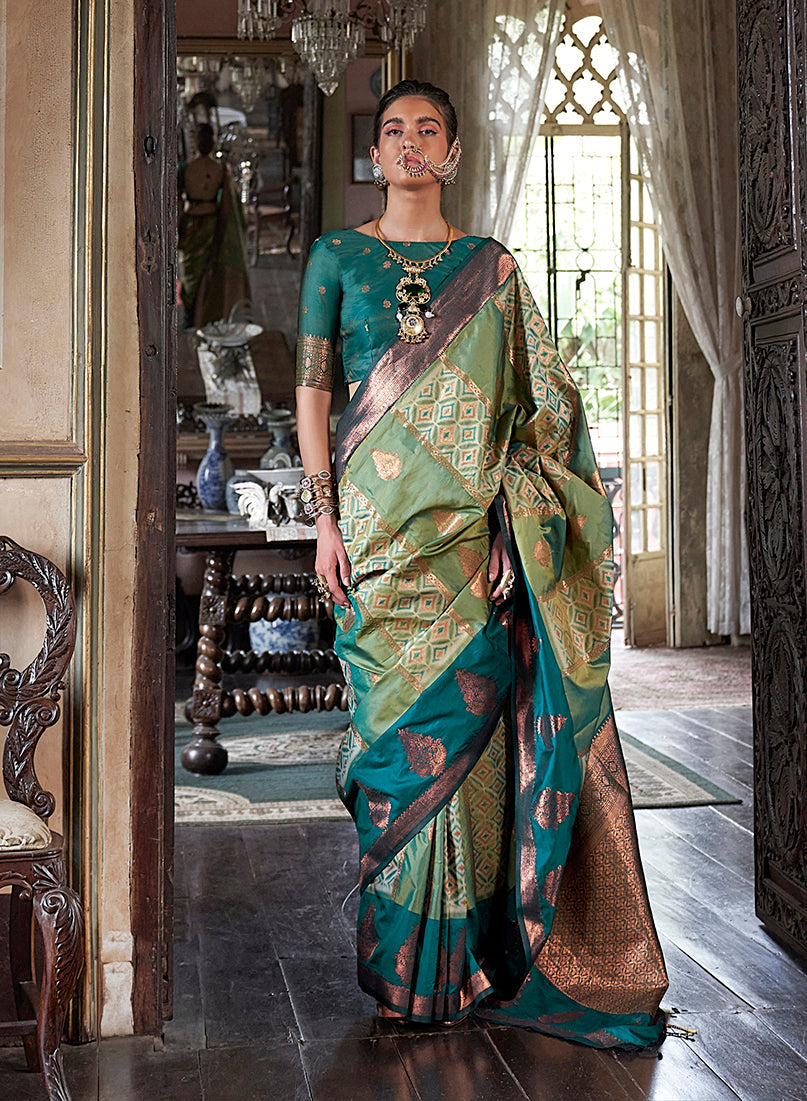 Monjolika Fashion Green Zari Woven Work Silk Indian Traditional Wear Saree