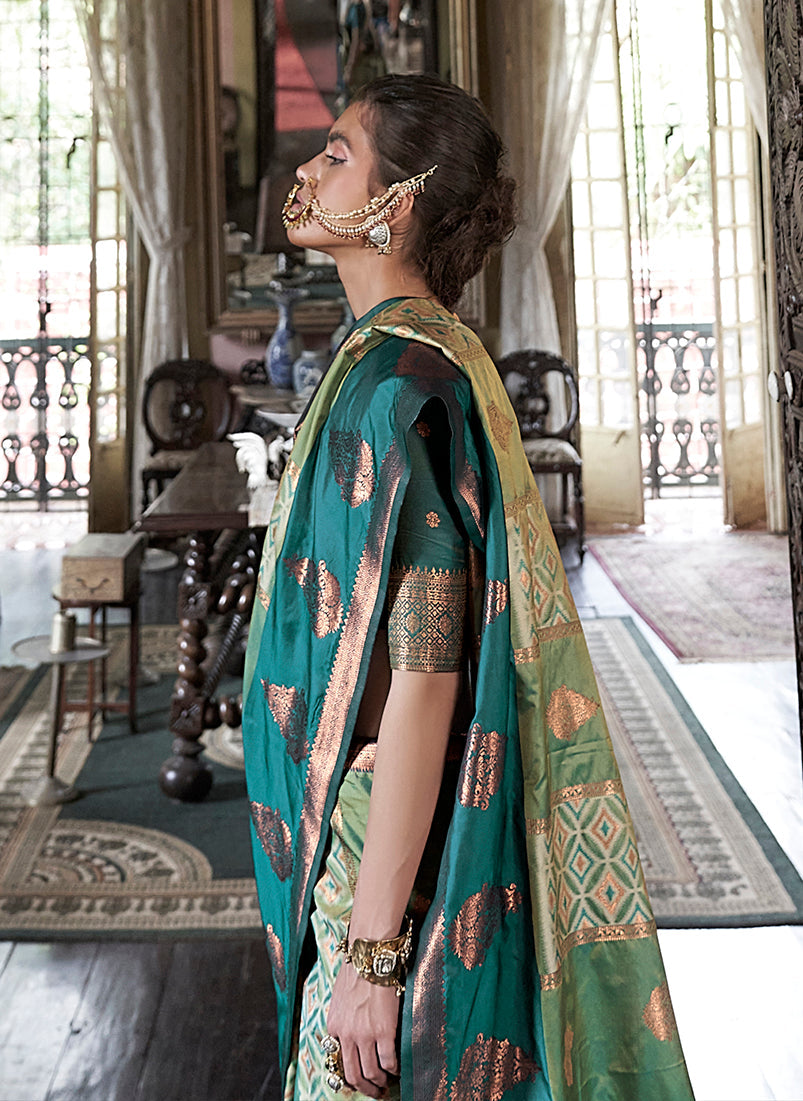 Monjolika Fashion Green Zari Woven Work Silk Indian Traditional Wear Saree