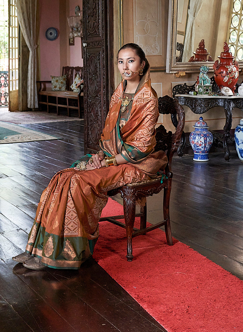 Monjolika Fashion Rust Zari Woven Work Silk Indian Traditional Wear Saree