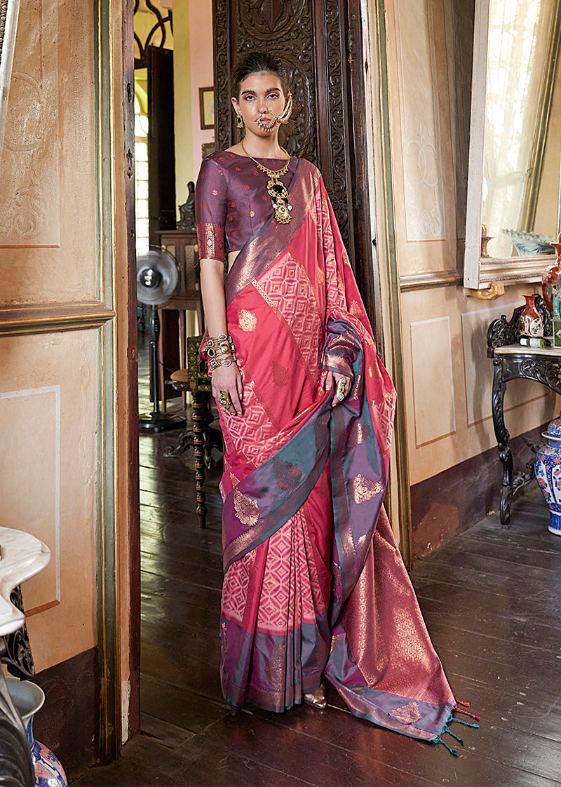 Monjolika Fashion Pink Zari Woven Work Silk Indian Traditional Wear Saree