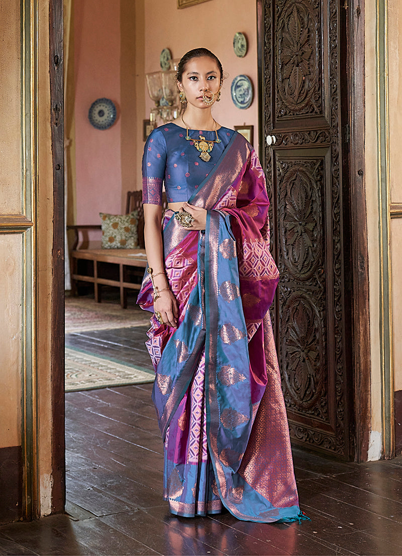 Monjolika Fashion Magenta Zari Woven Work Silk Indian Traditional Wear Saree