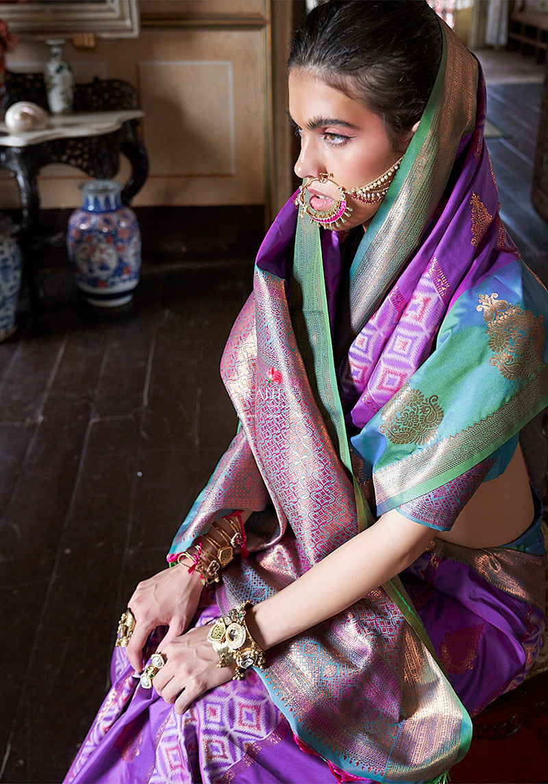 Monjolika Fashion Purple Zari Woven Work Silk Indian Traditional Wear Saree