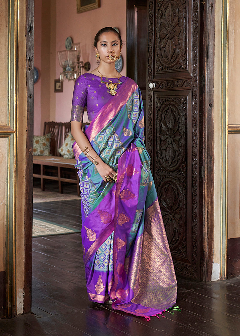 Monjolika Fashion Turquoise Zari Woven Work Silk Indian Traditional Wear Saree