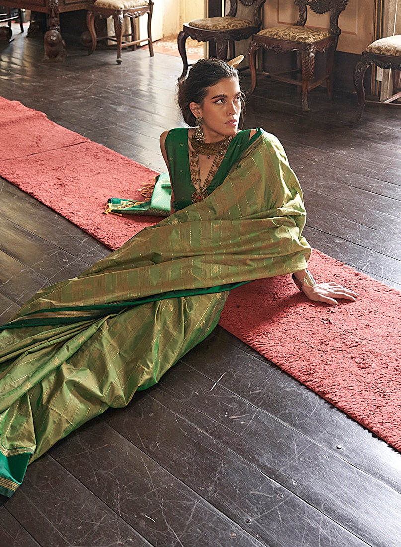 Monjolika Fashion Parrot Green Exclusive Tussar Silk With Elegant Weaving Work Traditional Saree