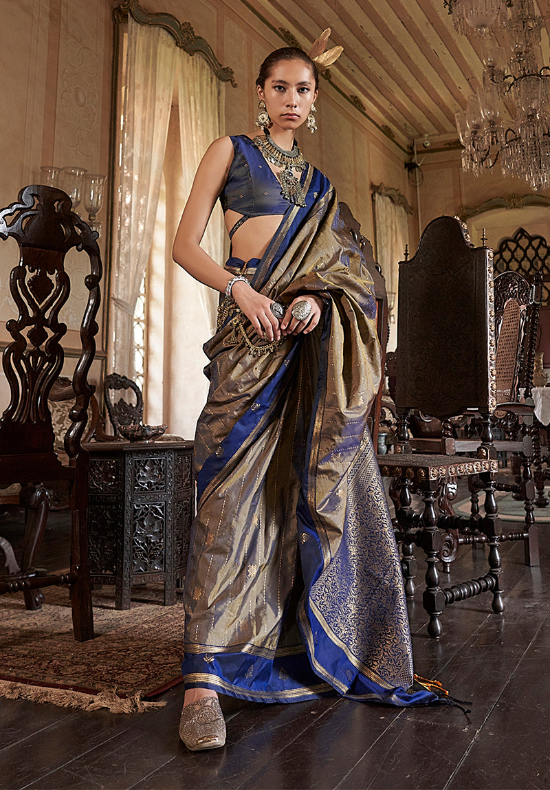 Monjolika Fashion Golden Exclusive Tussar Silk With Elegant Weaving Work Traditional Saree