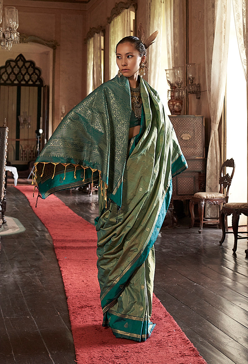 Monjolika Fashion Sea Green Exclusive Tussar Silk With Elegant Weaving Work Traditional Saree