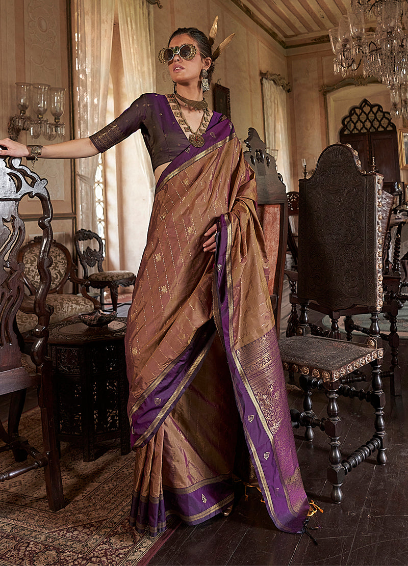 Monjolika Fashion Brown Exclusive Tussar Silk With Elegant Weaving Work Traditional Saree