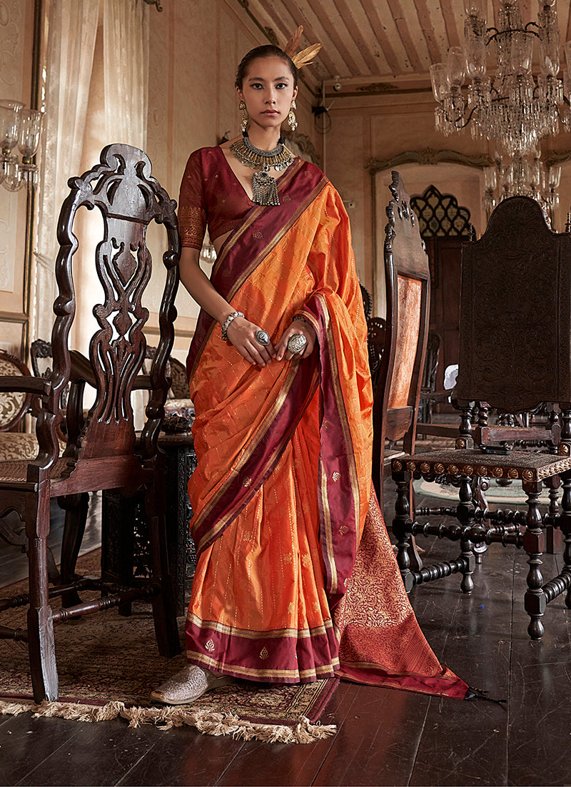 Monjolika Fashion Orange Exclusive Tussar Silk With Elegant Weaving Work Traditional Saree