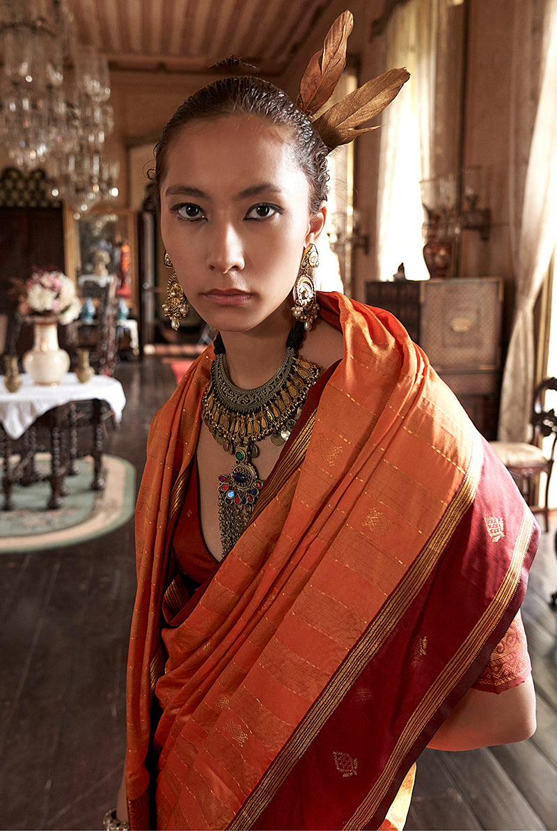 Monjolika Fashion Orange Exclusive Tussar Silk With Elegant Weaving Work Traditional Saree