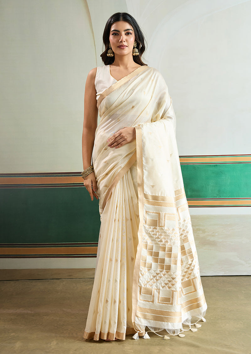 Monjolika Fashion Off White Handloom Weaving Silk Festival Wear Saree