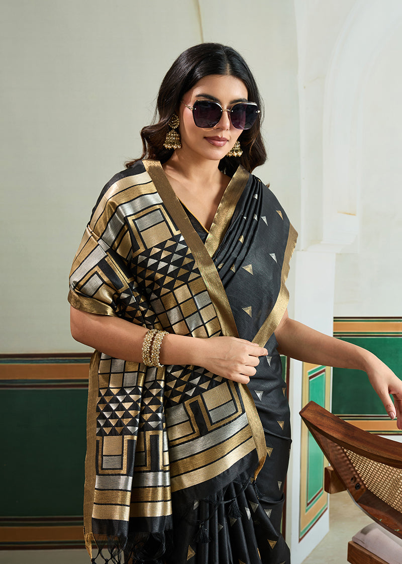 Monjolika Fashion Black Handloom Weaving Silk Festival Wear Saree