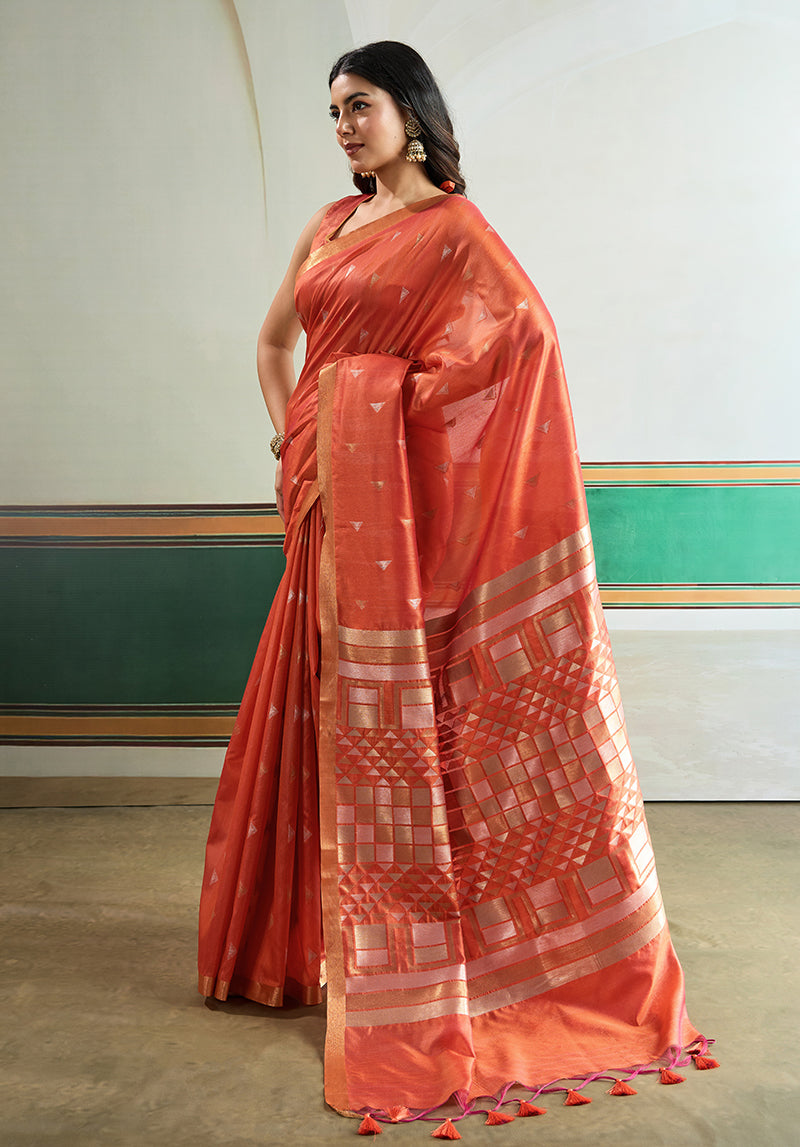 Monjolika Fashion Dark Peach Handloom Weaving Silk Festival Wear Saree